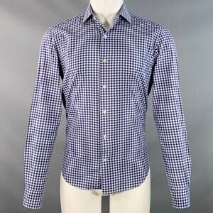 CULTURATA Size M White Navy Blue Gingham Cotton Tailored Fit Long Sleeve Shirt